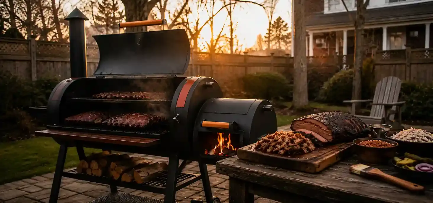 Backyard BBQ smoker with clean smoke at golden hour