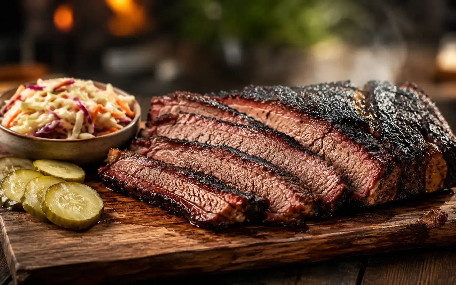 Smoked barbecue meat served on a wooden board