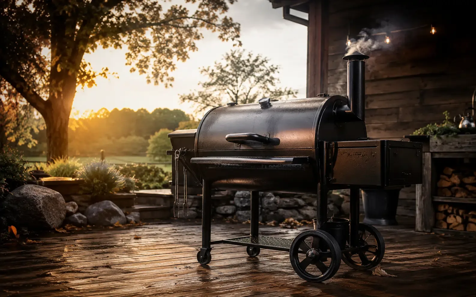 Outdoor BBQ smoker with smoke in a backyard setting