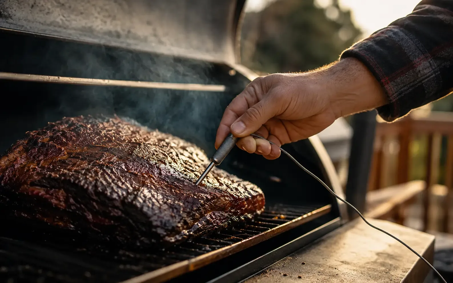 Meat thermometer checking the internal temperature of smoked meat
