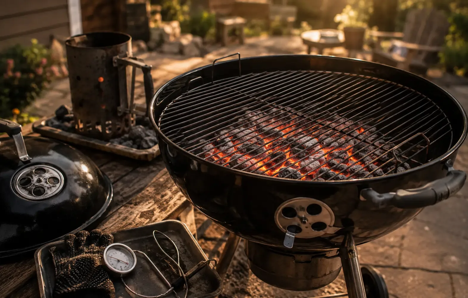 Charcoal grill with glowing coals and open vents in a backyard BBQ setup