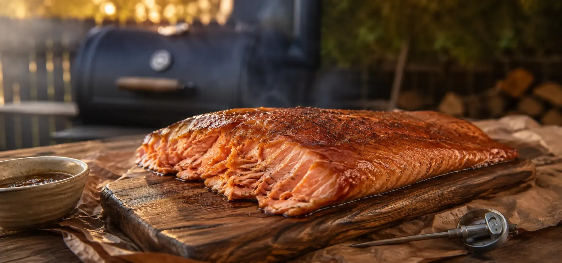 Why is my smoked salmon dry with hot smoked salmon on a wooden board in a backyard BBQ setting