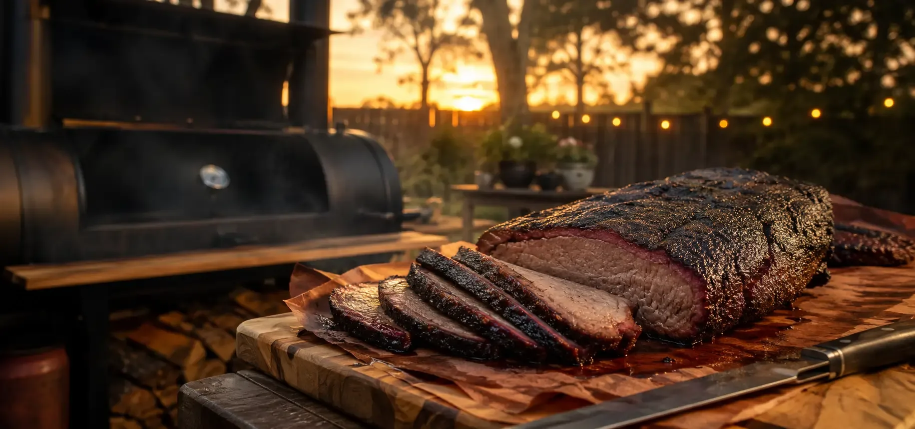 Smoked brisket resting on a wooden board after a backyard BBQ cook