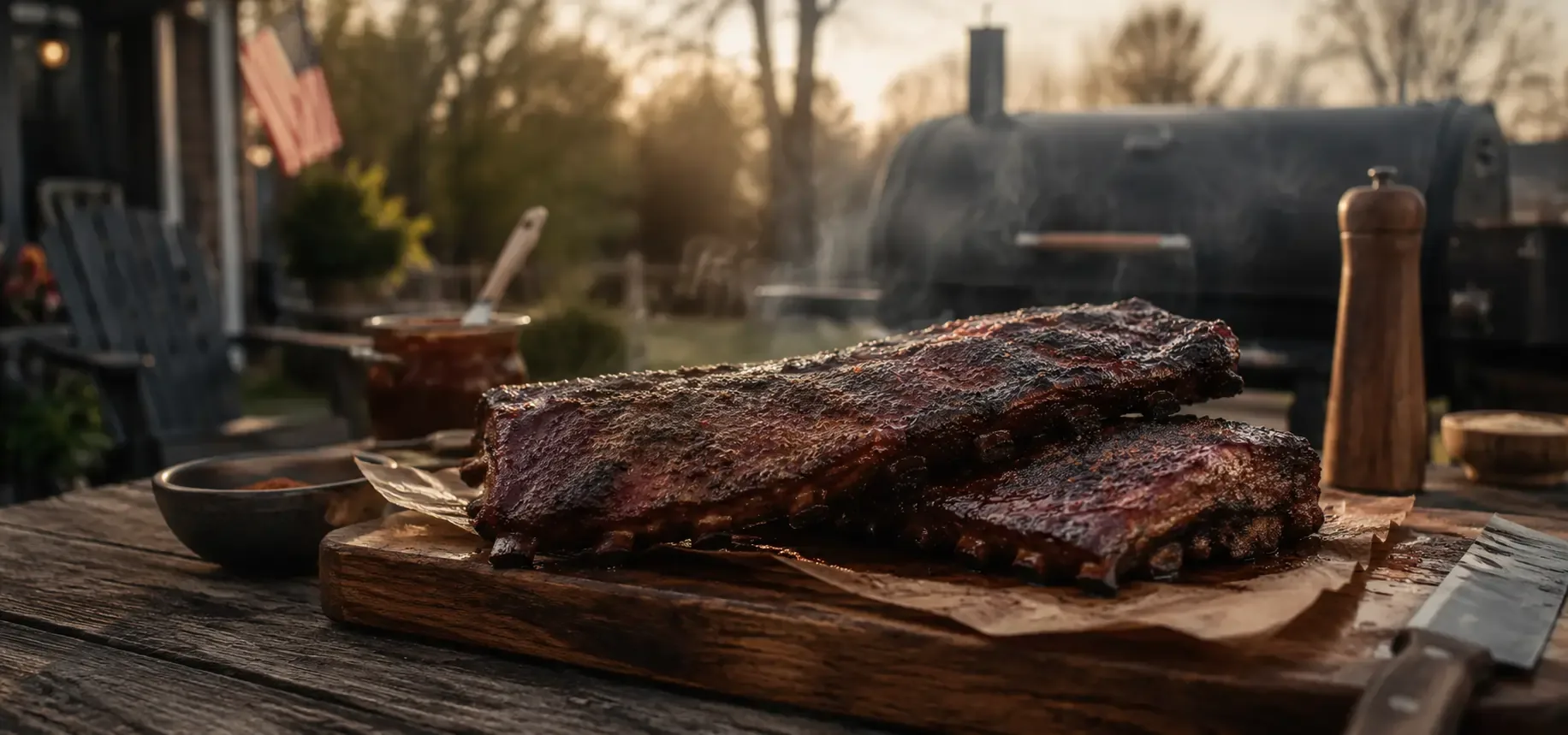 Pork ribs smoking low and slow on a backyard smoker