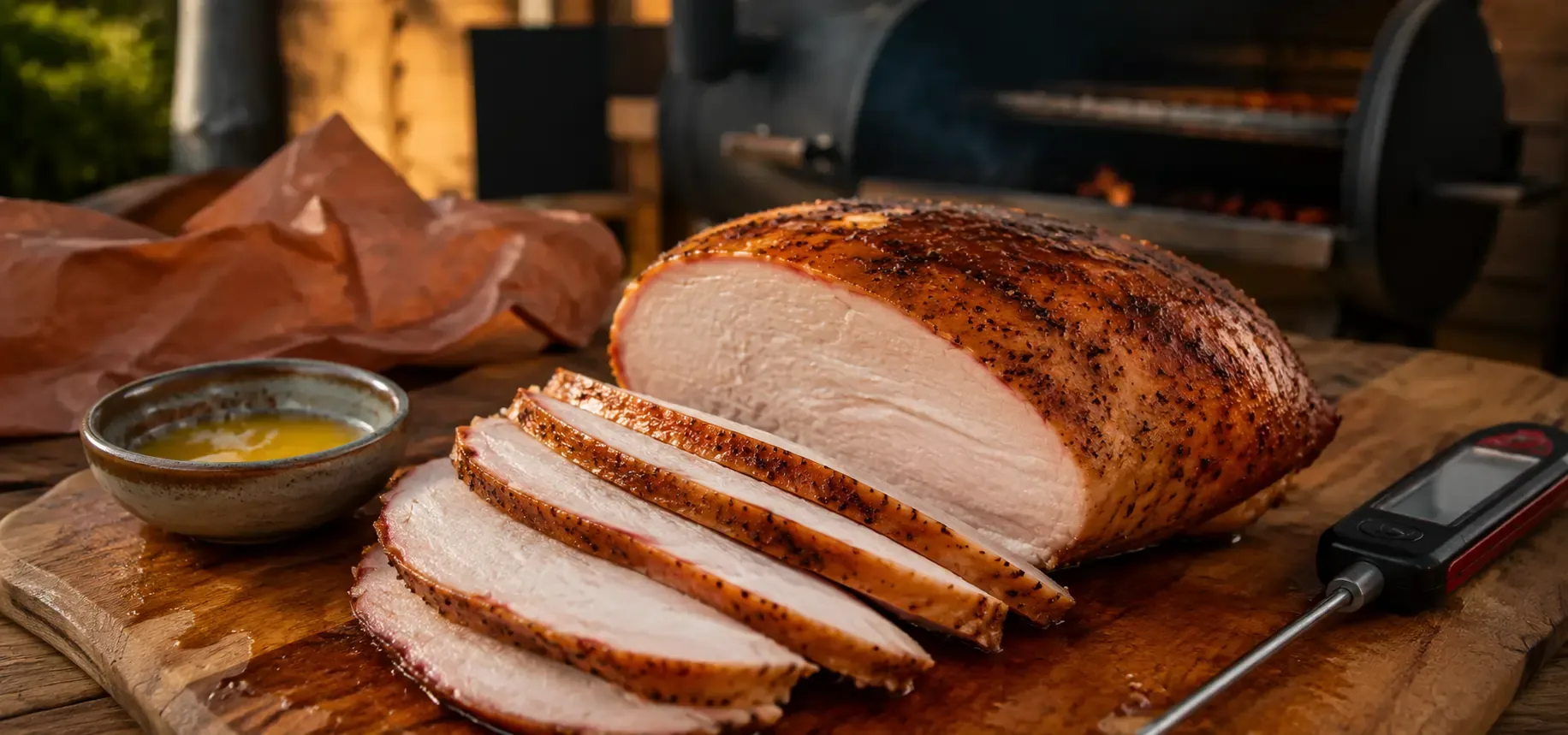 How to keep smoked turkey breast moist with juicy sliced smoked turkey breast on a wooden cutting board