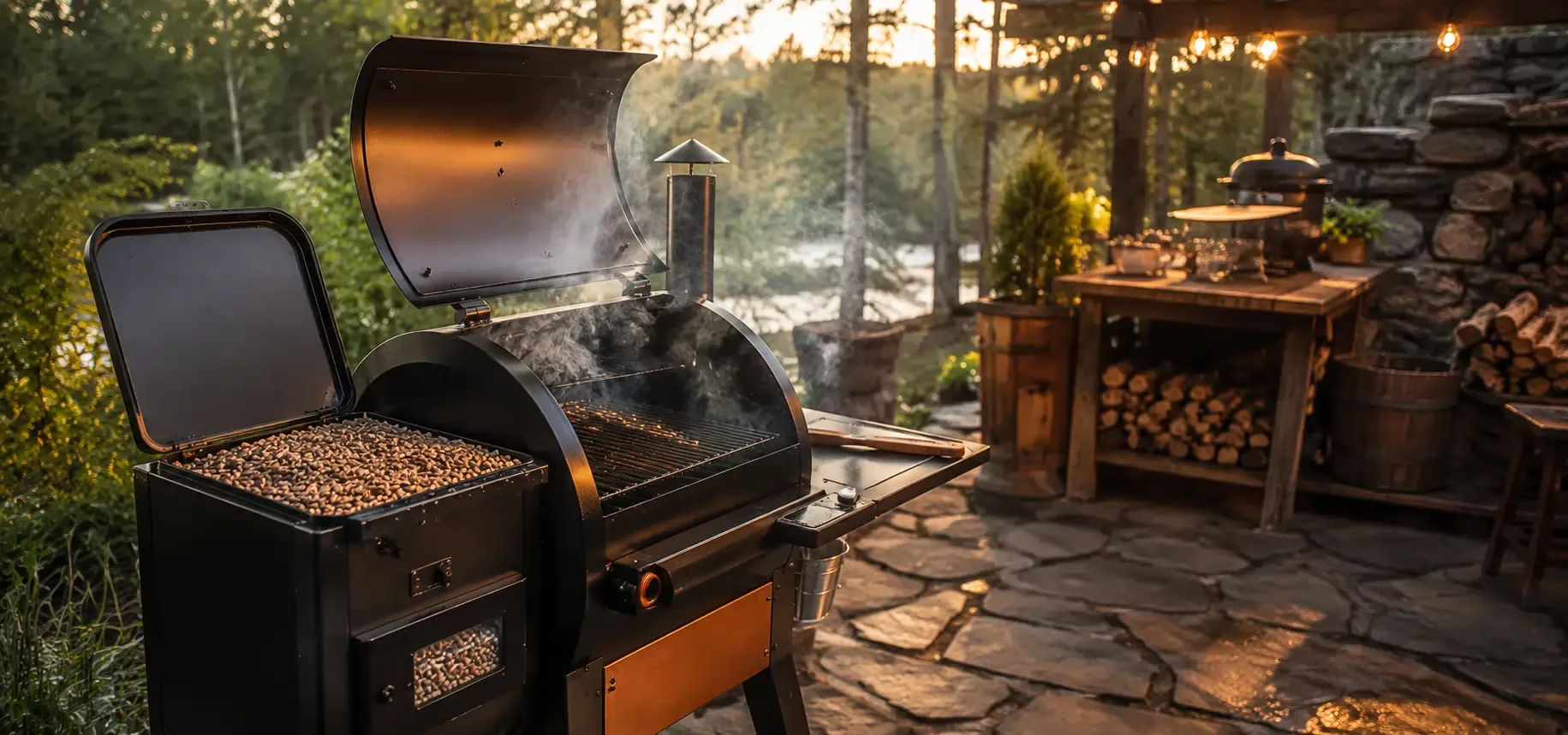 Pellet smoker basics with hopper pellets and clean smoke