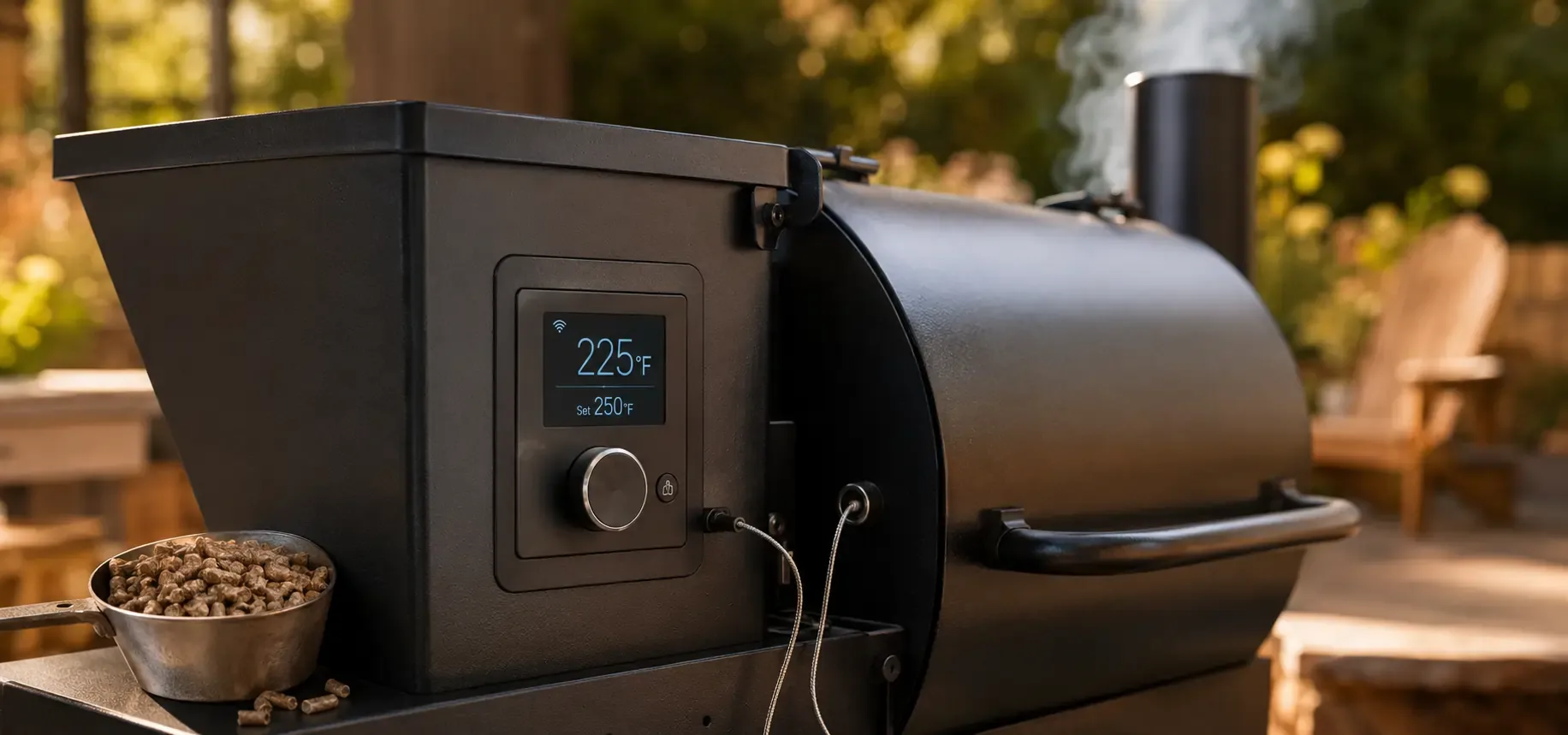 Pellet smoker controller with clean smoke in a backyard BBQ setup