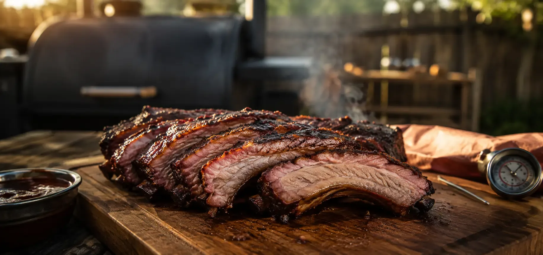 How to smoke ribs without drying them out with juicy smoked pork ribs on a wooden cutting board