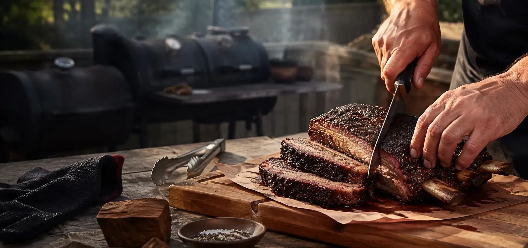 Smoked beef ribs with bark smoke ring and clean smoke
