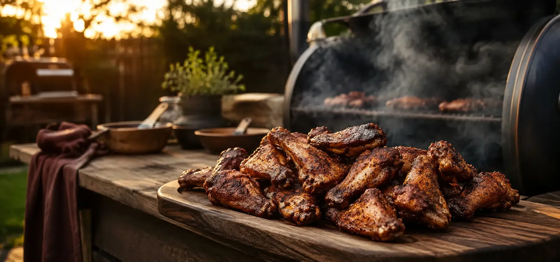Smoked chicken wings cooked on a backyard smoker