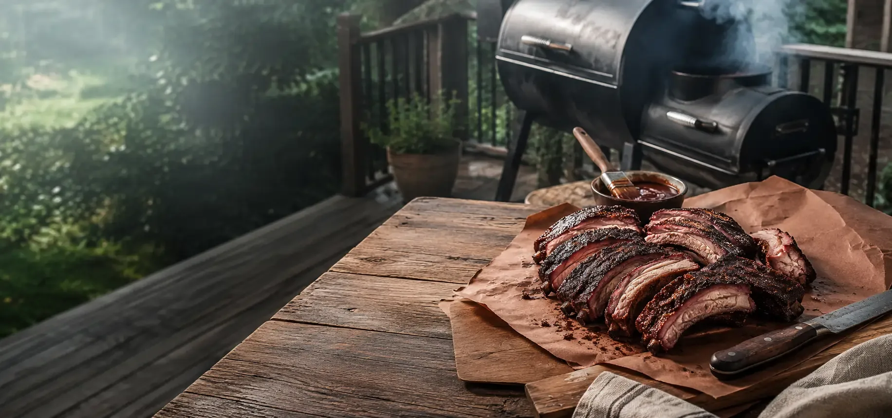 Smoked pork ribs with bark clean smoke and BBQ sauce