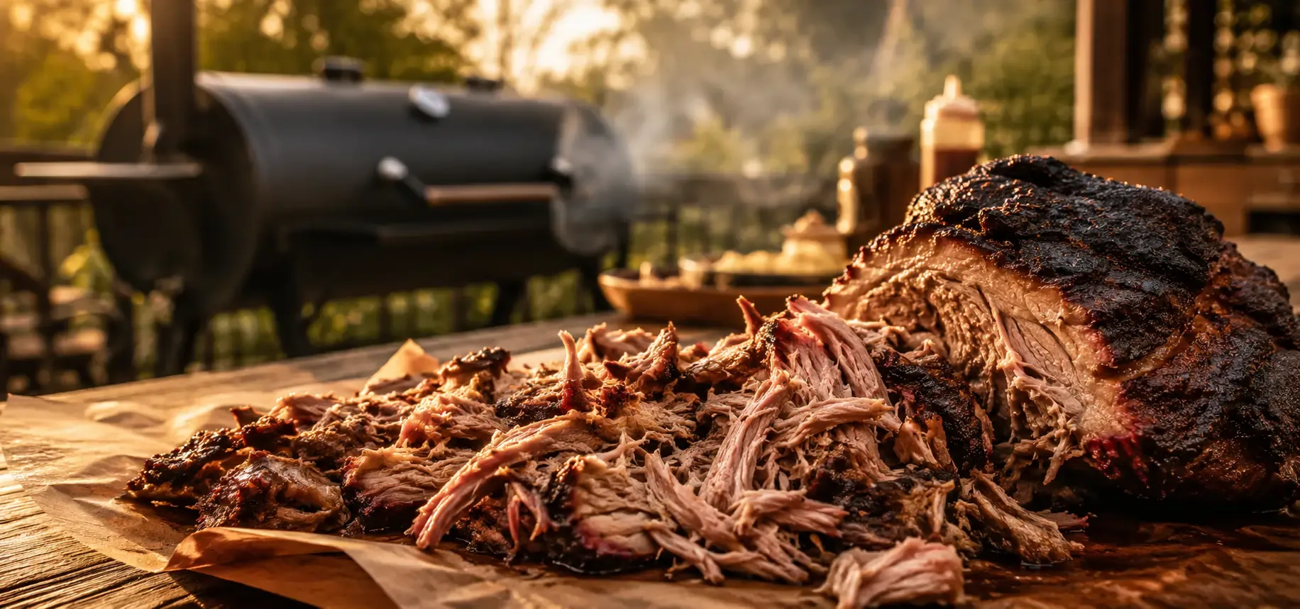 Smoked pulled pork with bark and tender shredded pork shoulder