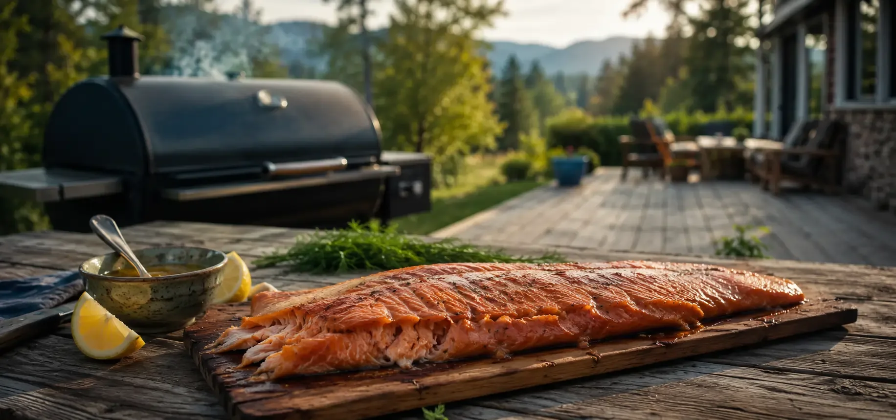 Smoked salmon on a cedar plank in a backyard BBQ setting