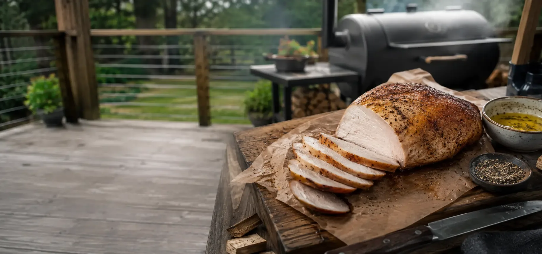 Smoked turkey breast sliced on a cutting board
